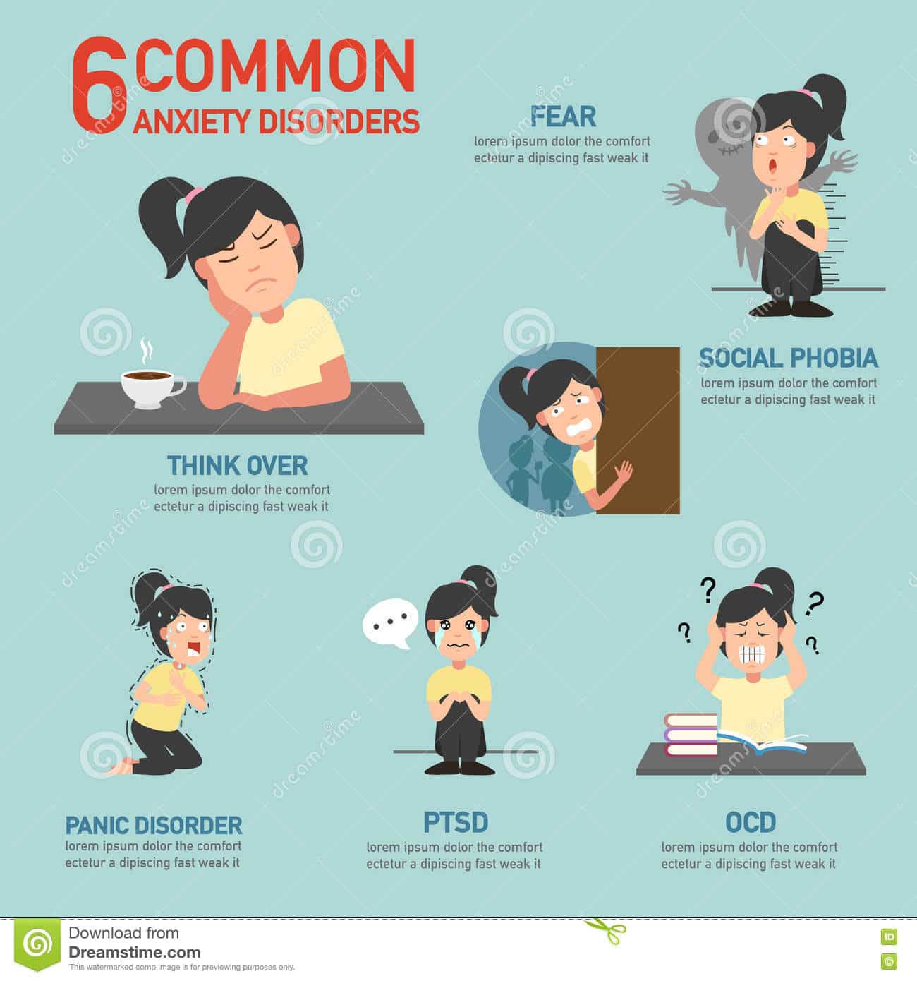 6 Common Anxiety Disorders Infographic Stock Vector